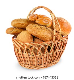 Freshly Baked Breads (buns, Croissants, Baguette, Cereal Bread) In Basket Isolated On White Background