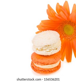 Freshly baked cakes macaroon orange and gerbera same color close-up isolated on white background