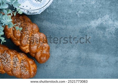 Freshly baked challah bread resting on a concrete background, surrounded by green plants and decorative pottery in soft natural light. Jewish holiday and healthy food concept. space for text. 