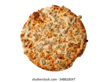 A Freshly Baked Chicken Alfredo Frozen Pizza. Shot From Above And Isolated On A White Background.