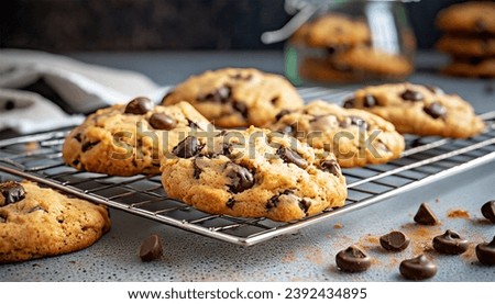 Freshly baked chocolate chip cookies on a rack to cool