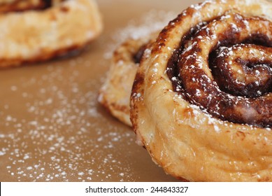 Freshly baked cinnamon rolls dusted with powdered sugar.  Macro with shallow dof.
