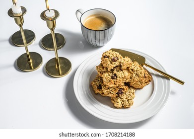 Freshly Baked Cranberry Oatmeal Cookies. White Background. Top View