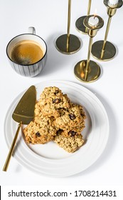 Freshly Baked Cranberry Oatmeal Cookies. White Background. Top View