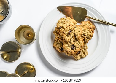 Freshly Baked Cranberry Oatmeal Cookies. White Background. Top View