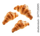 Freshly baked croissant flying in air, isolated on white background. French pastry croissants floating. Buttered bread croissants flying in air isolated.