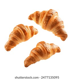 Freshly baked croissant flying in air, isolated on white background. French pastry croissants floating. Buttered bread croissants flying in air isolated.