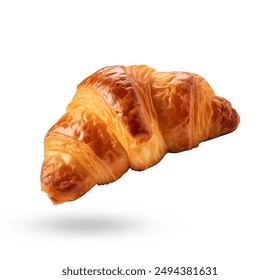 Freshly baked croissant flying in air, isolated on white background. Single French pastry croissant floating. Buttered bread croissant flying in air isolated on white.