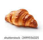 Freshly baked croissant isolated on white background. isolated on white background. Single French pastry closeup photo. Buttered bread croissant on white background. Fresh croissant bread isolated.