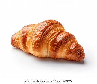 Freshly baked croissant isolated on white background. isolated on white background. Single French pastry closeup photo. Buttered bread croissant on white background. Fresh croissant bread isolated.