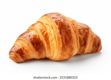 Freshly baked croissant isolated on white background. isolated on white background. Single French pastry closeup photo. Buttered bread croissant on white background. Fresh croissant bread isolated.