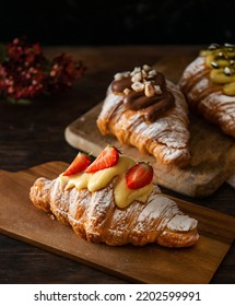 Freshly Baked Croissants With Berries Jam, Chocolat, Dark Wooden Background