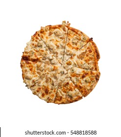 A Freshly Baked And Cut Chicken Alfredo Frozen Pizza. Shot From Above And Isolated On A White Background.