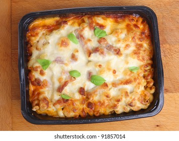 Freshly Baked Family-sized Pasta Ready Meal With Chicken, Bacon And Cheese.