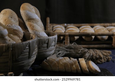 Freshly baked, flour-dusted loaves of bread arranged in rustic woven baskets. Sliced bread in the foreground, creating a warm, artisanal atmosphere with an organic, natural touch. - Powered by Shutterstock