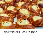 Freshly baked golden-brown pastries with a creamy cheese filling, displayed close-up on a plate, capturing the appetizing details and texture of homemade baked goods.