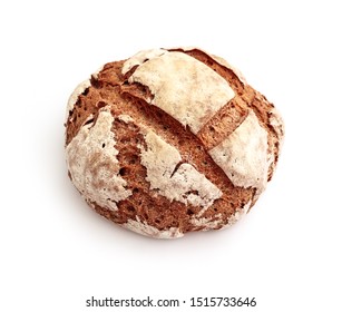 Freshly baked, handmade rural rye bread, isolated on white background.