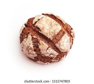 Freshly baked, handmade rural rye Russian bread, isolated on white background.