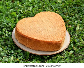 Freshly baked heart-shaped cake on a plate, placed outside in the garden to cool down