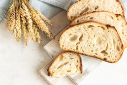 Freshly Baked Homemade Artisan Sourdough Bread. Sliced. Top View. Copy Space.