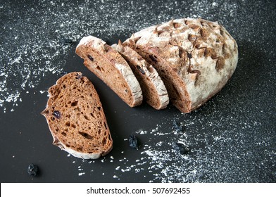 Freshly Baked Homemade Artisan Sourdough Rye And White Flour Bread. Sliced. Top View. Close Up. Copy Space.