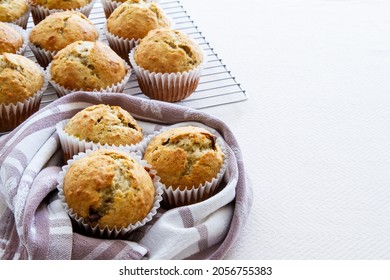 Freshly Baked Homemade Banana Chocolate Chip Muffins; Out Of The Oven Muffins In Muffin Cups