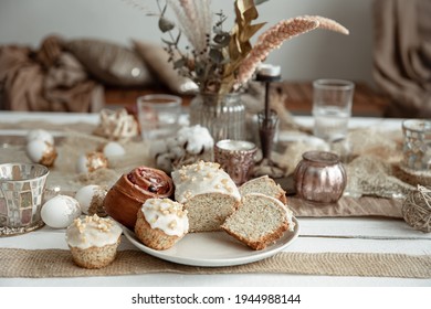 Freshly Baked Homemade Cakes On A Festive Easter Table. Home Serving Hygge Style.