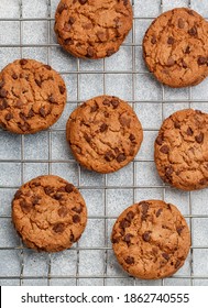 Freshly baked homemade crunchy cookies with chocolate chips, peanut butter or salted caramel. A delicious treat for gourmets. Biscuits on a grey concrete background. Selective focus, top view