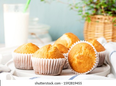 Freshly baked homemade muffins in white paper muffin cups and a glass of milk on the table. Tasty sweet breakfast, homemade cakes.