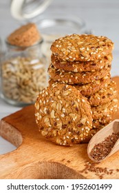 Freshly Baked Homemade Vegan Oatmeal Cookies With Cereals - Flax Seed, Sesame And Sunflower. Useful Snack. Breakfast. Wholegrain Biscuit. The Concept Of Healthy Eating. Selective Focus