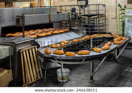 freshly baked hot bread loafs on the production line