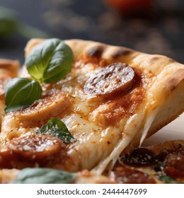 Freshly Baked Hot Pizza. Close-up Pepperoni and cheese. Basil.