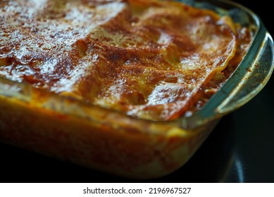 Freshly Baked Italian Lasagna In Glass Casserole.