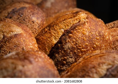 Freshly Baked Loaves Of Crispy Artisan Bread Close Up