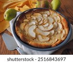 Freshly baked pear clafoutis for dessert