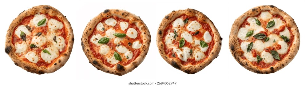 Freshly baked pizzas display an array of toppings on a white background. Each pizza features unique ingredients and placements for a delightful visual feast.