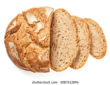 Freshly baked round  Bread isolated on white background.  Sliced, cutted wheat bread. Bakery, rustic  traditional food concept. Top view