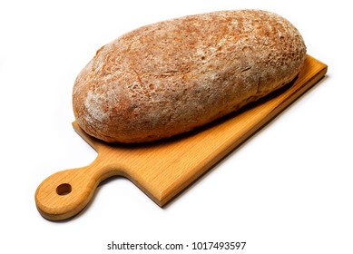 Freshly baked rye bread with a board for cutting food products isolated