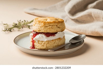 A freshly baked scone is split and generously filled with whipped cream and red jam, served on a ceramic plate with a spoon and fresh herbs, under soft natural light.