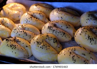 Freshly Baked Sesame Buns At Home,Cooked In The Oven Open Sesame Rolls, Homemade Pastries