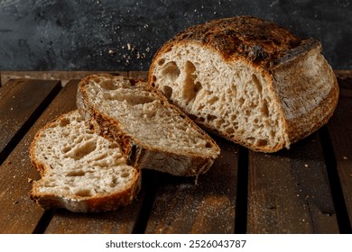 Freshly baked sourdough bread is beautifully sliced and artfully displayed on a charming rustic wooden surface - Powered by Shutterstock