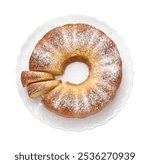 Freshly baked sponge cake isolated on white, top view