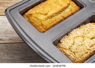 Freshly Baked Two Mini Loafs Of Gluten Free Coconut Flour Bread In Baking Pan