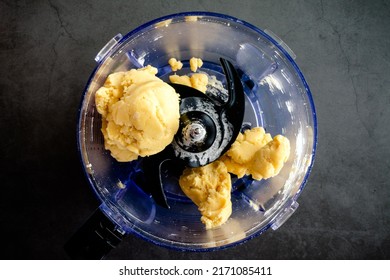 Freshly Blended Pastry Dough In A Food Processor Bowl: Pie Crust Dough In A Blender Bowl With A Dough Blade