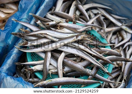 Freshly caught Korean sand lance fish in market