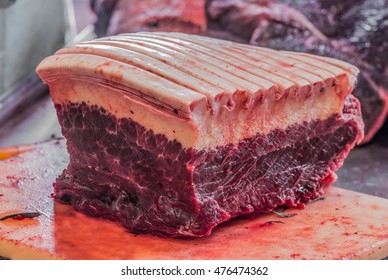 Freshly caught Minke Whale for Sale at a Butcher in Nuuk, Greenland. This is a seasonal delicacy, strictly regulated by a government quota system.