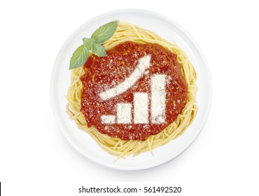 Freshly Cooked Dish Of Tasty Pasta With Tomato Sauce And Parmesan Cheese In The Shape Of A Growing Bar Chart .(series)