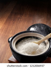 Freshly Cooked Japanese White Rice In An Earthenware Pot