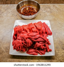 Freshly Cut Beef Strips Ready For Marinade And Making A Beef Jerky By Drying