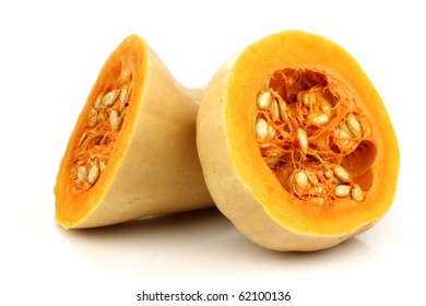 Freshly Cut Butternut Pumpkin On A White Background